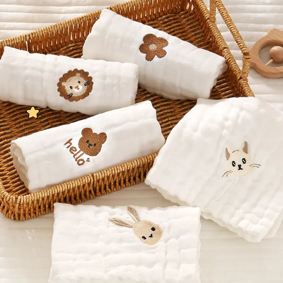 6-Layer Combed Cotton Muslin Washcloths – Ultra Soft & Embroidered (12" x 12")