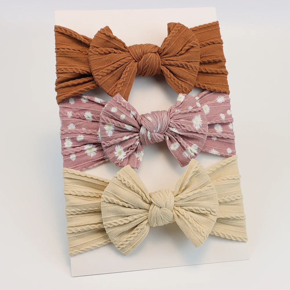 3-Pack Baby Nylon Headbands - Soft Cable Knit Stretchy Bows for Infants & Toddlers (0-3T)