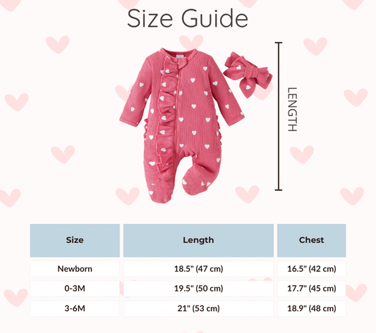 Baby Girl Heart Print Waffle Knit Footed Romper & Headband Set - Ruffled Zipper Sleeper