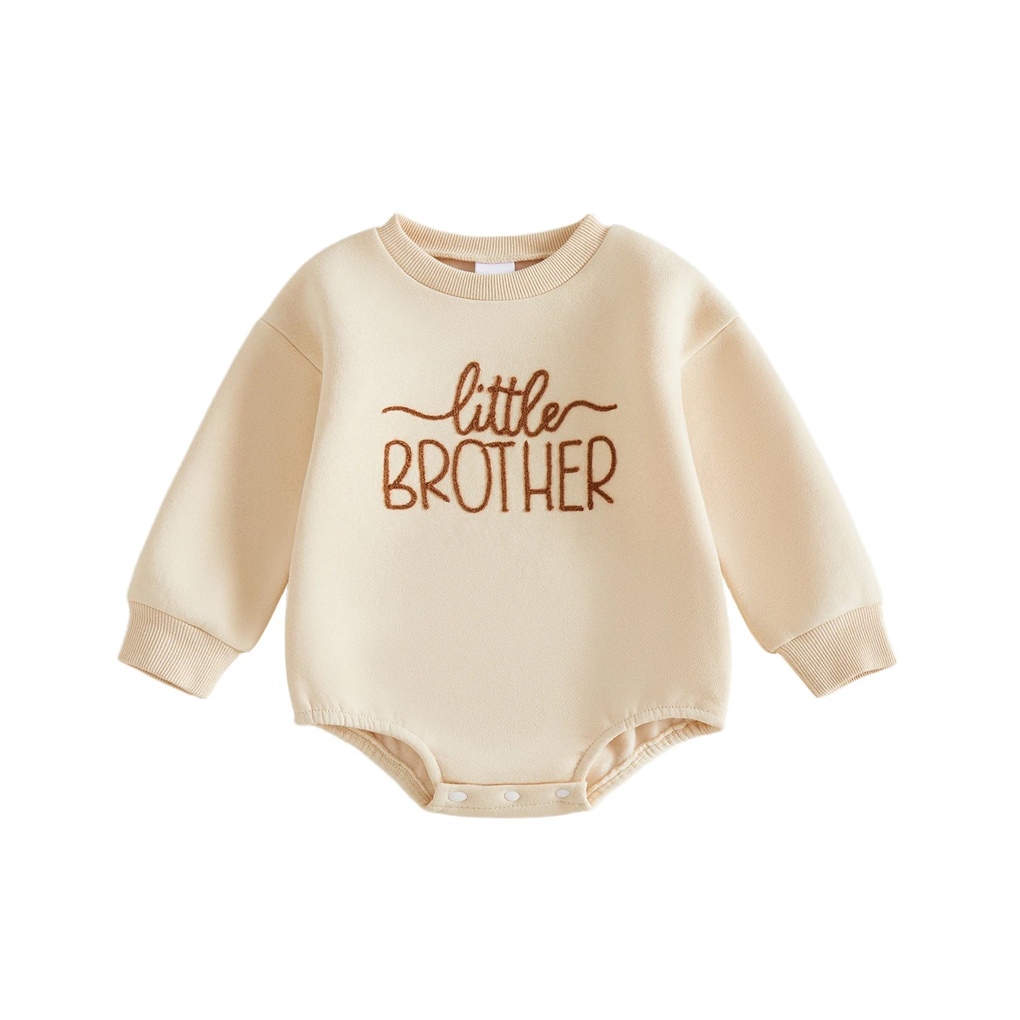Cream colored fleece baby boy crewneck sweatshirt romper featuring brown embroidered Little Brother text.