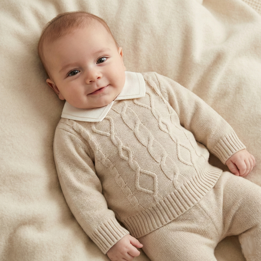 Newborn Infant Boy Winter Knit Clothes Set | Long Sleeve Collared Sweater & Footed Leggings (0-9M)