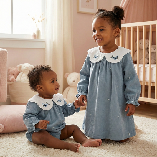 Sister Matching Floral Outfits: Blue Corduroy Embroidered Baby Romper & Girls Princess Dress - Coordinated Sister Boutique Set