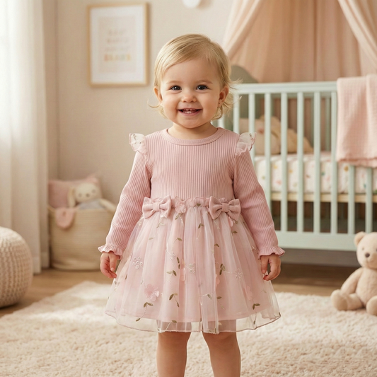 Toddler Girls Pink Long Sleeve Floral Princess Dress - Embroidered Gauze Tutu (3-3T)