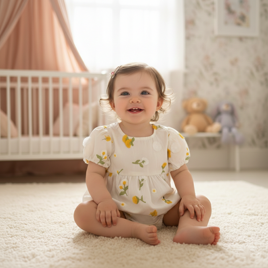 Baby girl sitting on a carpeted floor wearing a white and yellow daisy romper