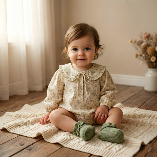 Baby Girl Floral Long Sleeve Bodysuit - Korean Style Peter Pan Collar Romper (0-24 Months)