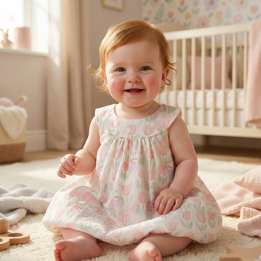 Baby Girl Easter Dress with Bunny Ears & Tail - Cotton Tulip Print Summer Sun Dress (9M-3T)