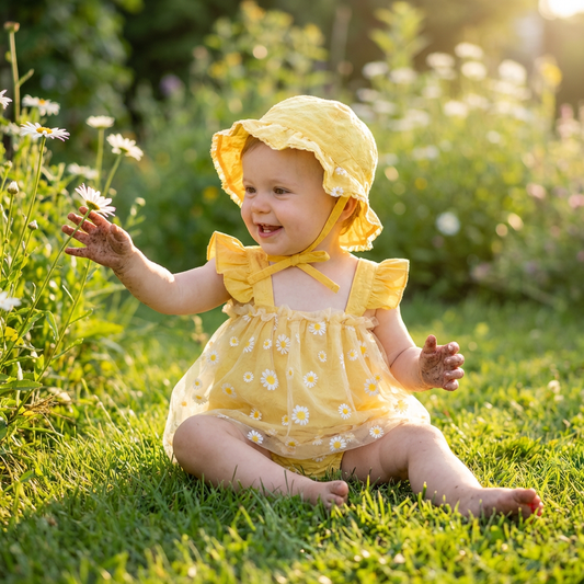 Baby in a yellow daisy romper dress and bonnet sitting in a grassy field with flowers.