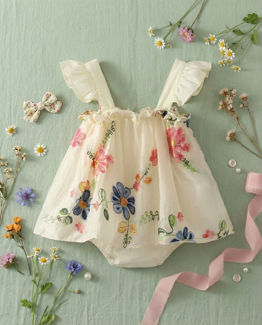 Baby Girl Floral Embroidery Summer Romper Dress - Sleeveless Cotton Bodysuit (3-24M)
