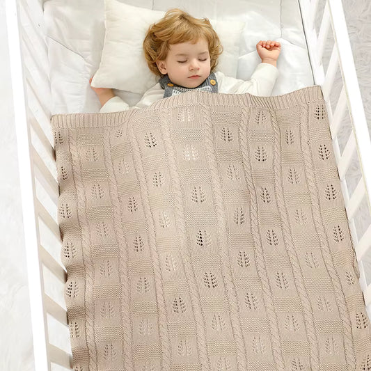 Heirloom Knit Cotton Baby Blanket | Embroidered Bear & Scalloped Lace Border