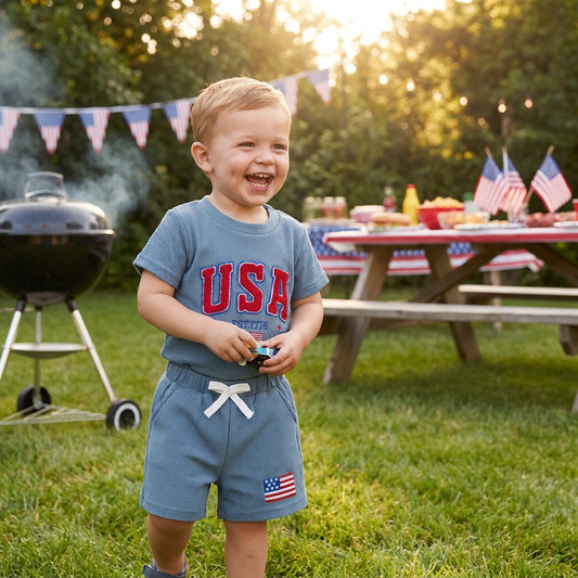 Toddler Boy 4th of July Outfit - USA Patriotic Blue Waffle Shorts Set (0-3T)