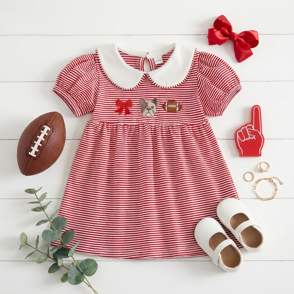 Girls Red Striped Football Game Day Peter Pan Collar Dress (6M-4T)