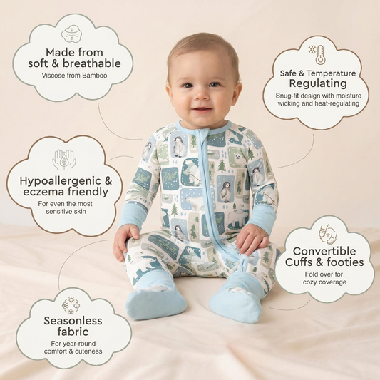 Baby & Toddler Bamboo Pajamas & Zip Sleeper Romper - Winter Polar Bear & Penguin (0-24M)