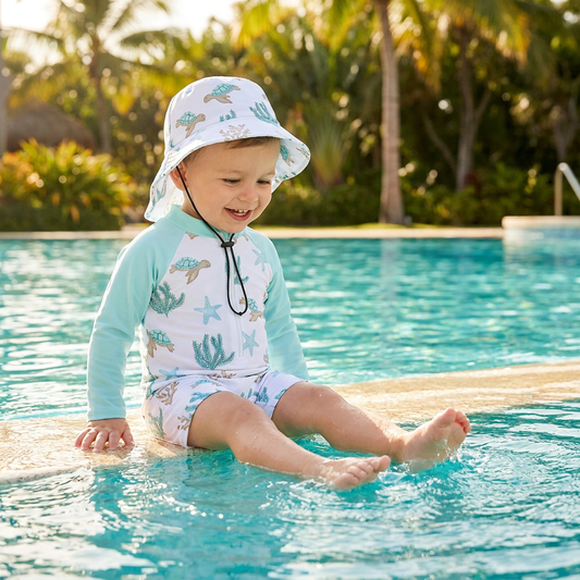 Sea Turtle & Starfish Rash Guard Sun Hat Set | Zip One-Piece Aqua (0-3T)