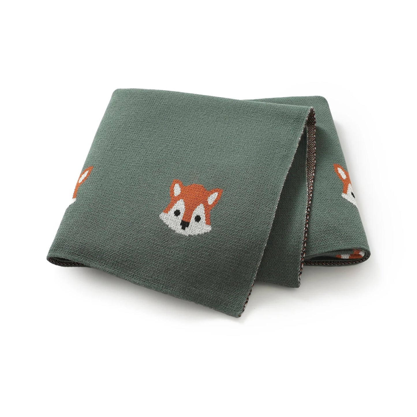 Dark green 100% cotton soft knit baby receiving blanket with fox pattern folded on white background