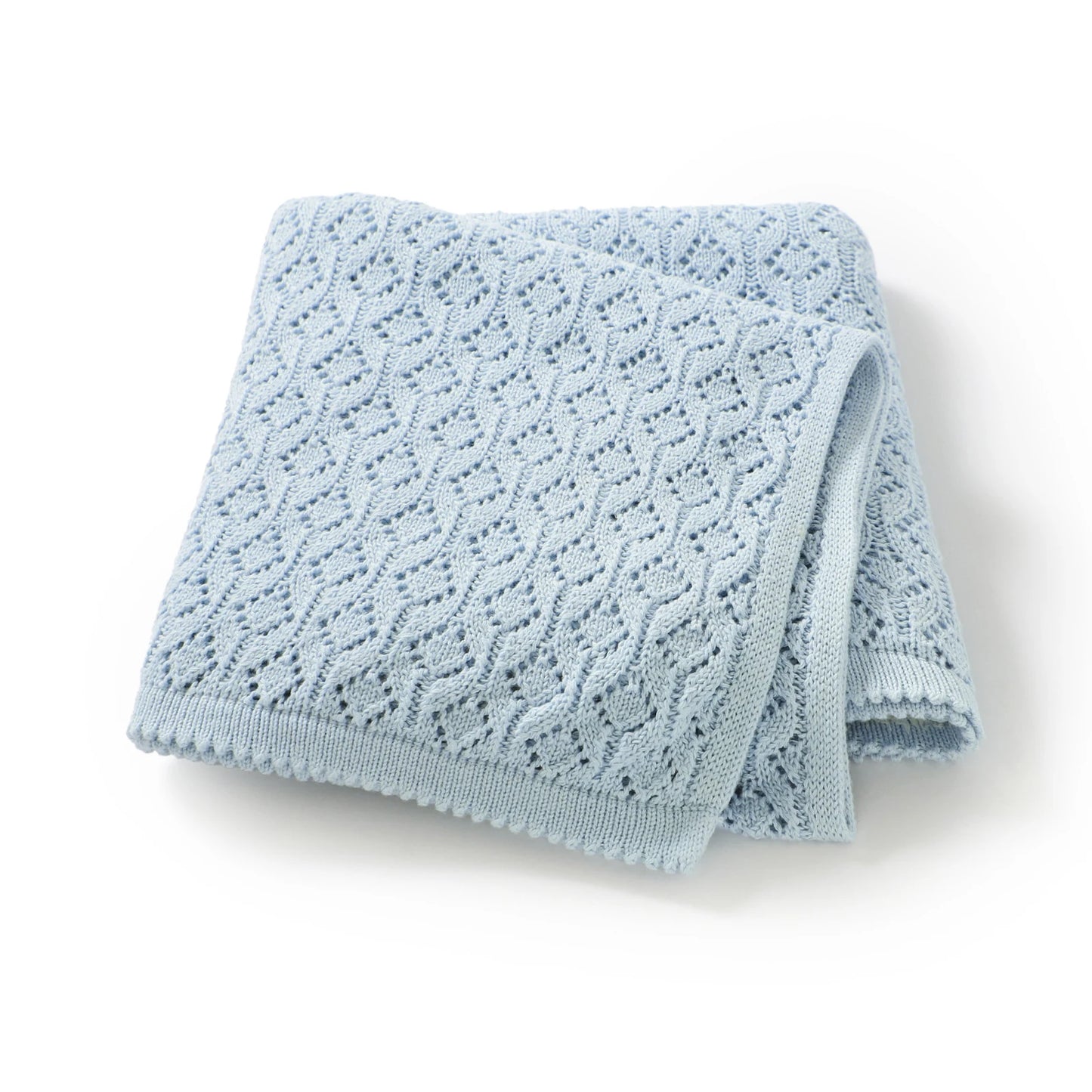 Baby blue 100% cotton soft knit receiving blanket folded on white background