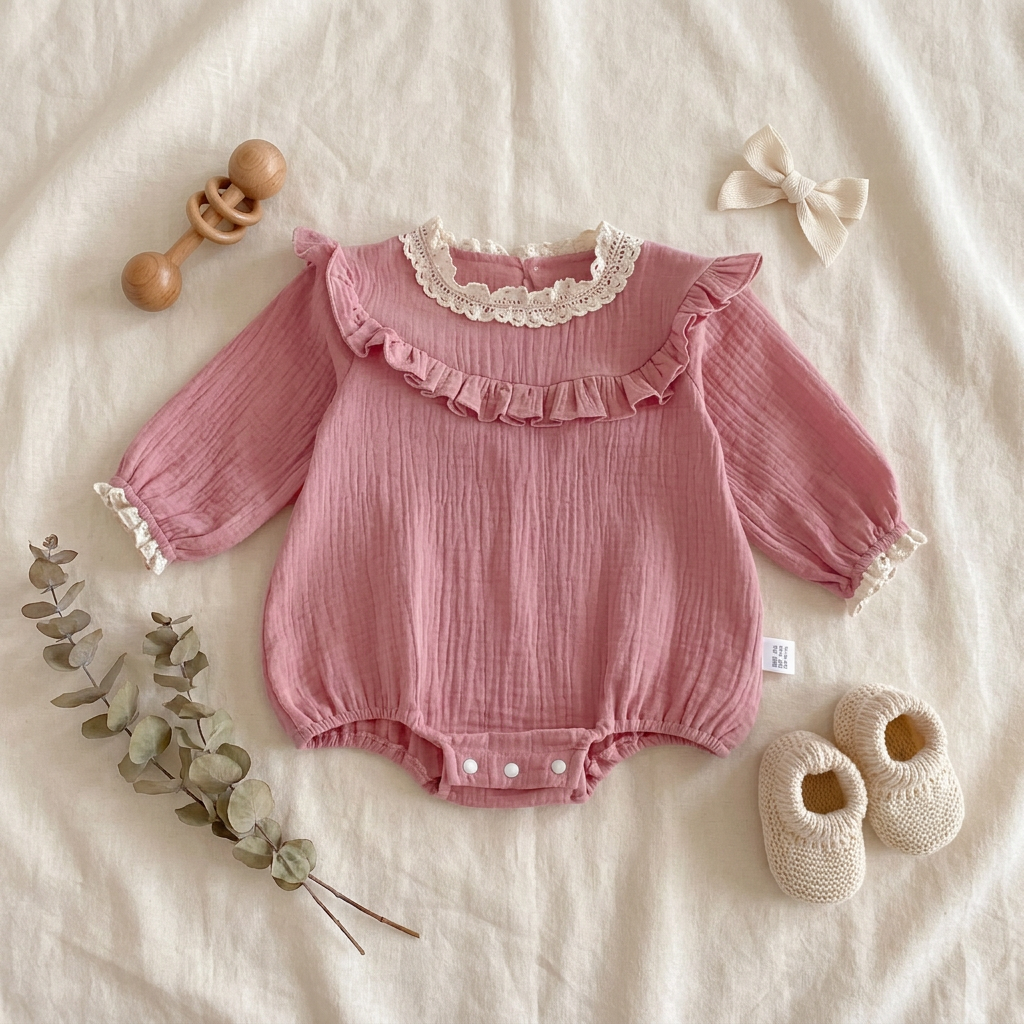 Aesthetic flat lay of a dusty pink baby girl muslin romper resting on a textured cream blanket, styled with a wooden baby rattle, small bow, and knit baby booties.