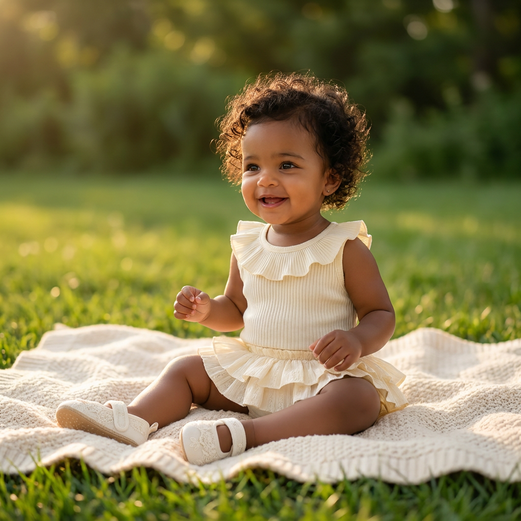Cottagecore-inspired baby girl wearing the Aria cream pointelle ruffle set, sitting on a knitted blanket in a sunny outdoor garden setting during golden hour.