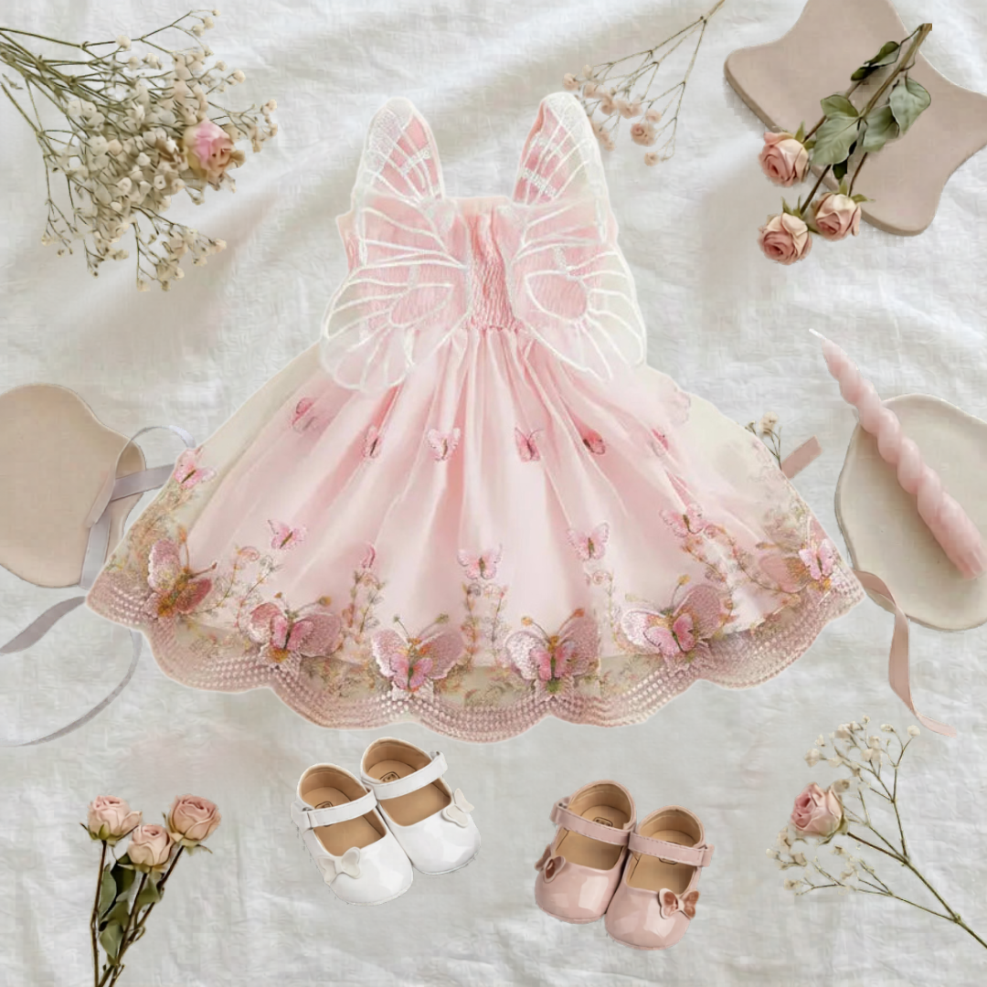 Pink floral butterfly dress with matching butterfly shoes on a white background with flowers.