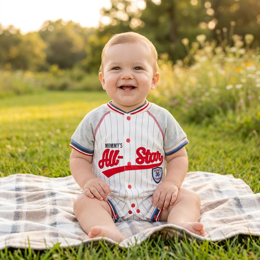 Baby boy wearing a 'Mommy's All-Star' baseball jersey sitting on a blanket in a grassy field.