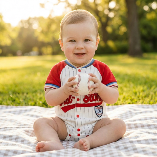 Baby boy wearing a baseball romper while holding a baseball and itting on a blanket at a park