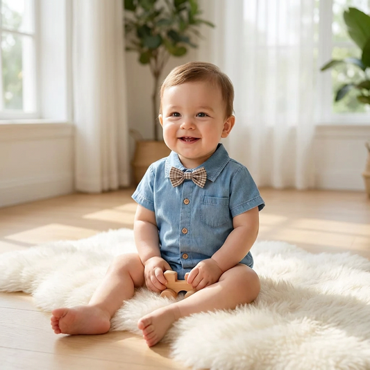 Happy baby boy sitting on a rug wearing a light blue short-sleeve gentleman romper with a bow tie.
