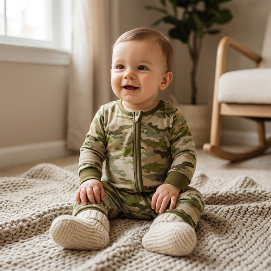 Smiling baby boy sitting comfortably wearing the Kidsely long sleeve camouflage fall romper.