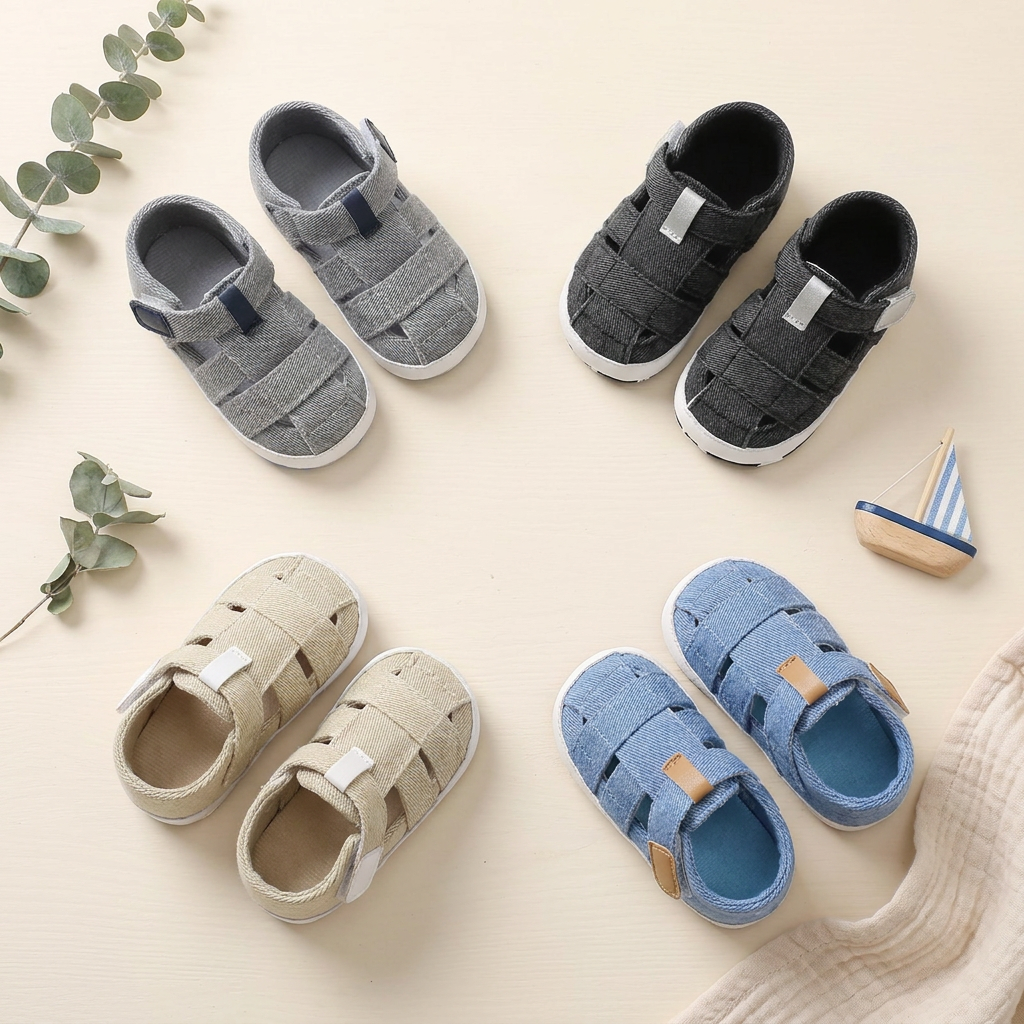 Top-down view of baby canvas summer sandals in light gray, dark gray, tan, and blue arranged neatly with small decorative toys.