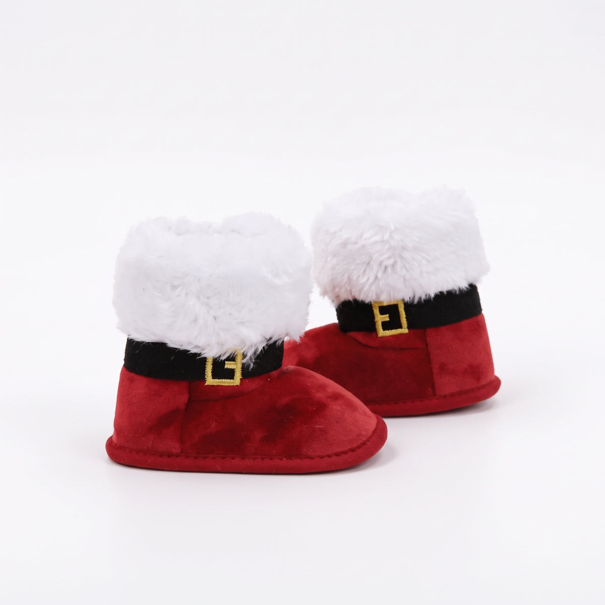Side view of baby plush red Santa boots with black buckle strap and soft fuzzy cuffs