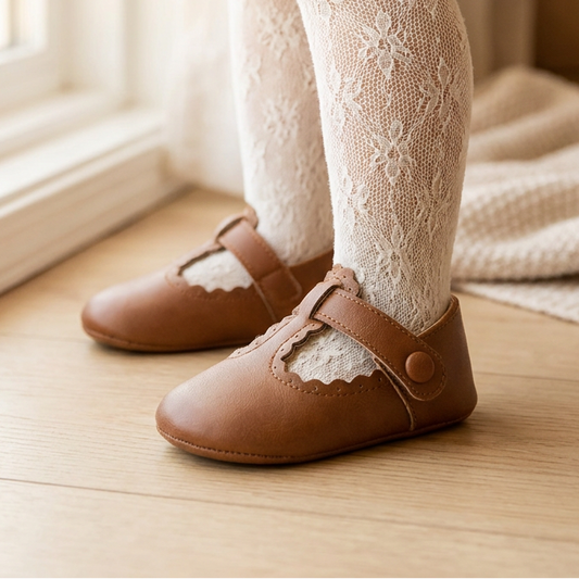 Toddler wearing brown PU leather T-strap Mary Jane shoes and lace tights, standing on a wooden floor.
