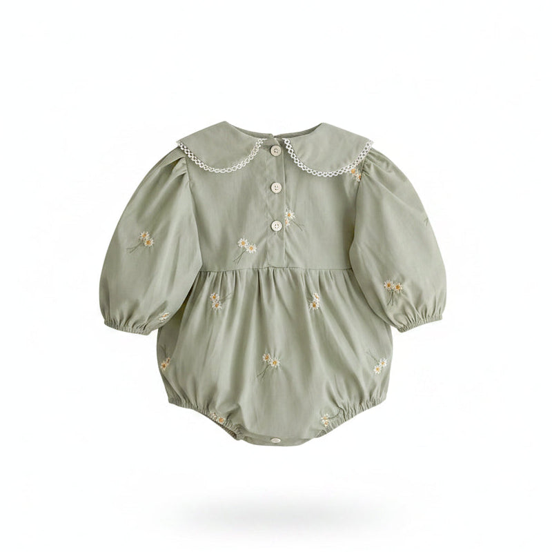 Back view flat lay of the sage green infant romper showing the secure white button placket closure.