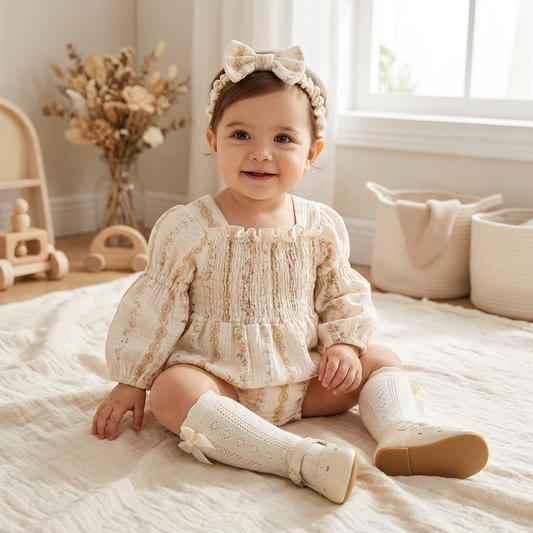 A smiling baby girl sitting on a soft textured blanket, wearing a vintage fairytale cottagecore floral cotton gauze bubble romper with long balloon sleeves, a matching bow headband, knee-high bow socks, and cream shoes.