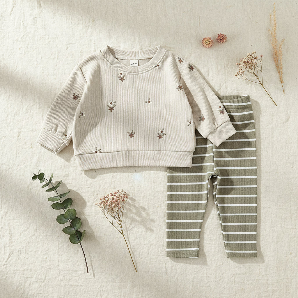 Styled flat lay of a baby girl's floral ribbed sweatshirt and striped pants set on a textured cream background with dried botanical props.