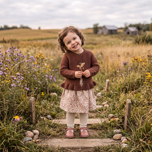 Young toddler girl smiling outdoors in a fall field, wearing a brown knit ruffled cardigan sweater layered over a floral dress.
