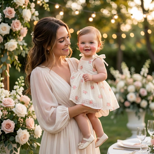 A mother holding a baby girl wearing the champagne floral chiffon romper dress at an outdoor garden wedding reception.