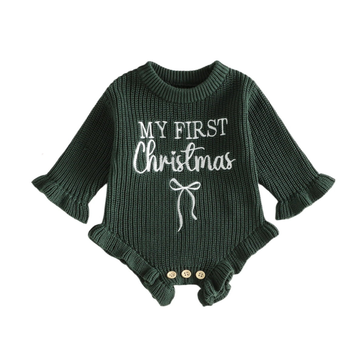 Dark green baby girl My First Christmas long sleeve knit sweater romper with white embroidery and bottom snap closures.