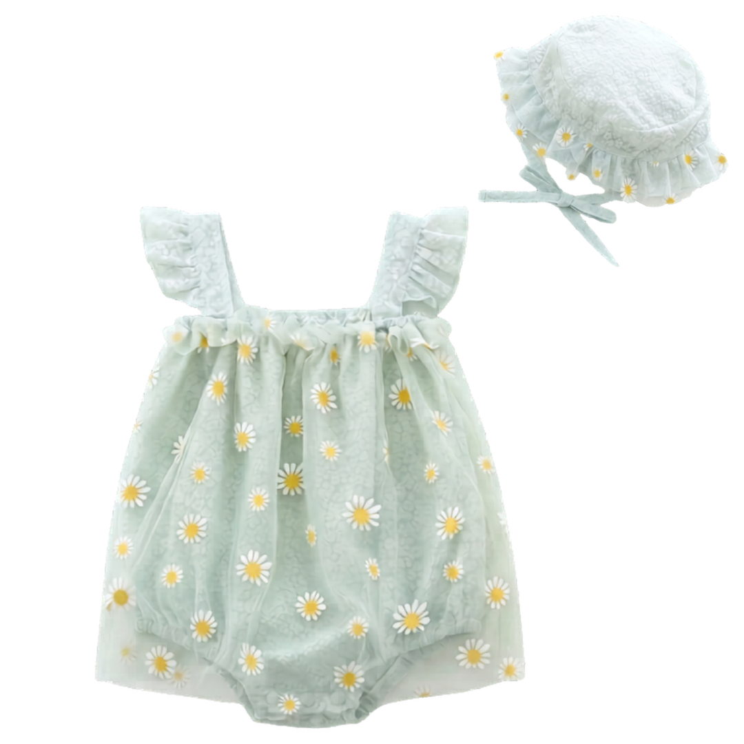 Mint Green baby girl romper set featuring a premium floral jacquard texture with white daisy mesh overlay and matching sun hat.