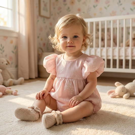 A toddler girl wearing a pink embroidered bubble romper sitting on a rug in a sunlit nursery next to a crib.