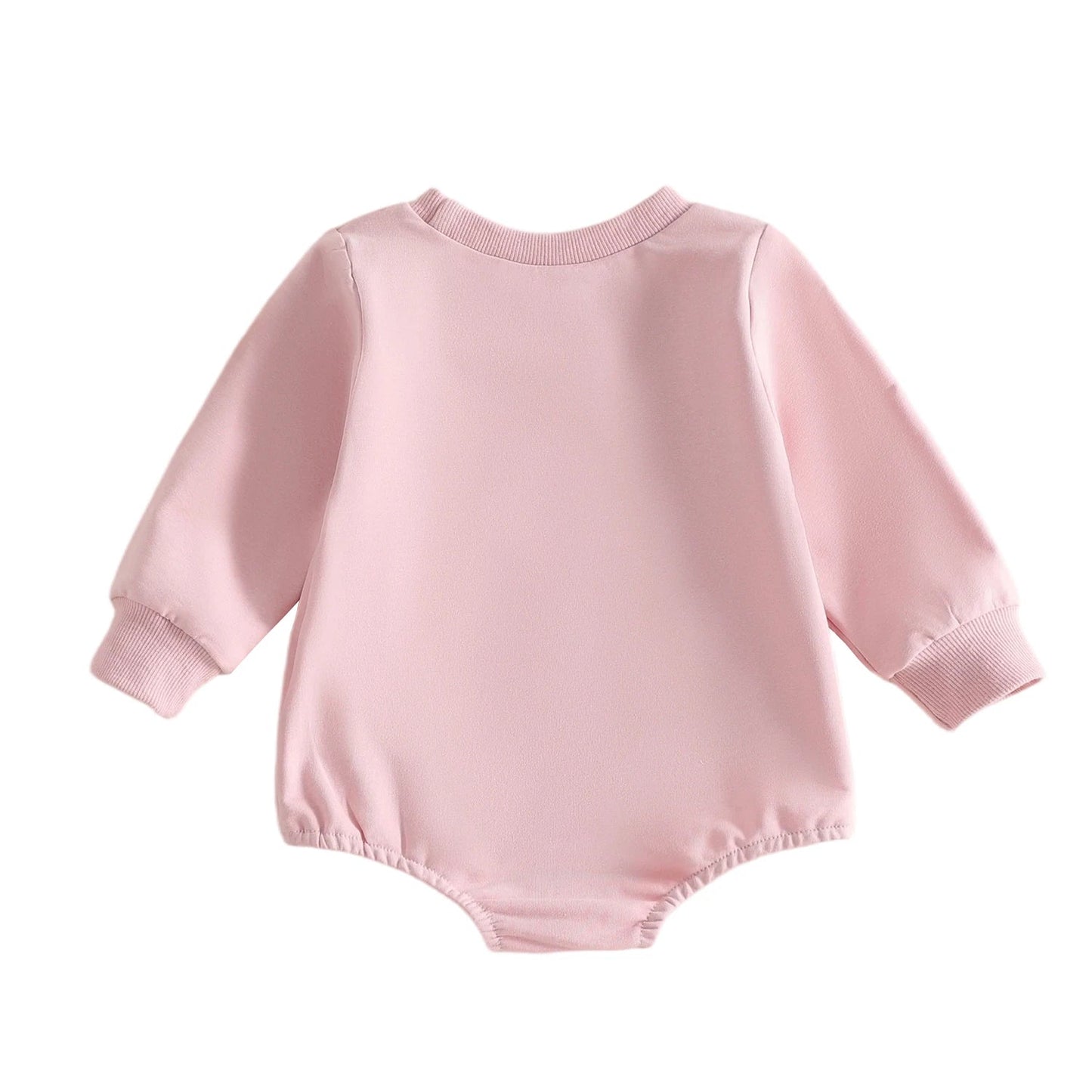 Back view of the plain pink baby girl long sleeve bubble romper.
