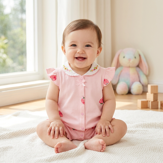 A happy, smiling baby girl sitting on a soft white blanket while wearing the light pink strawberry print summer romper.