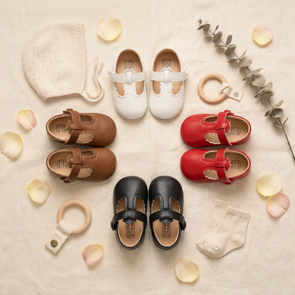 Aesthetic flat lay showing four pairs of baby T-strap shoes in brown, white, red, and black, arranged with baby accessories and flower petals.