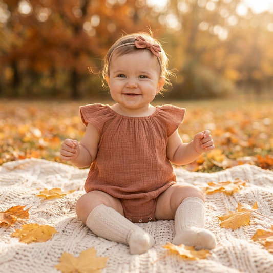 Smiling baby girl sitting on a knit blanket outdoors for a fall photoshoot, wearing a Kidsely terracotta rust muslin flutter sleeve bubble romper styled with cream knee-high socks and a matching bow headband amidst autumn leaves.