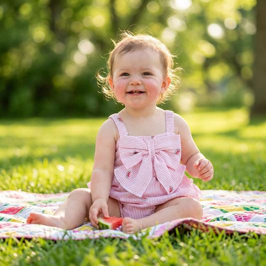 An infant baby girl wearing the pink striped watermelon print romper, sitting happily on a blanket in a grassy park setting.