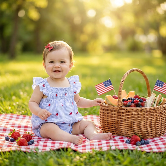 Smiling baby girl sitting on a picnic blanket outdoors wearing a patriotic blue seersucker outfit with red stars.