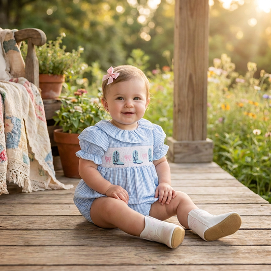 Happy baby girl sitting outdoors on a wooden porch wearing the blue gingham cowgirl boot smocked bubble romper.
