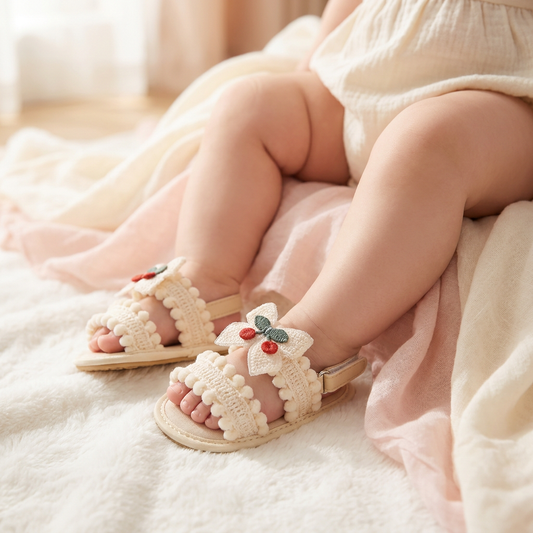 Babies feet wearing cherry sandals on a soft surface