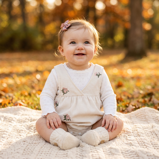 Smiling baby girl sitting on a blanket outdoors among autumn leaves, wearing the ivory cottagecore floral corduroy romper and long-sleeve set.
