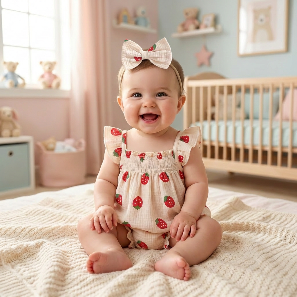 Baby girl wearing cute beige strawberry outfit sitting on a bed in a nursery with a crib and toys in the background