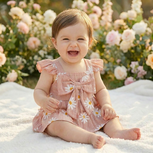 Baby in a pink daisy dress sitting on a blanket with flowers in the background
