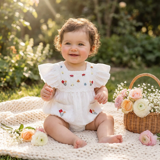 A smiling baby girl sitting on a knit blanket in a sunlit garden wearing a white Garden Floral embroidered romper with flutter sleeves.