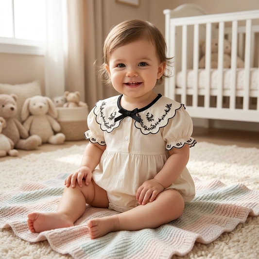 Smiling baby girl wearing a vintage-style ivory and black embroidered bubble romper sitting on a rug in a nursery.